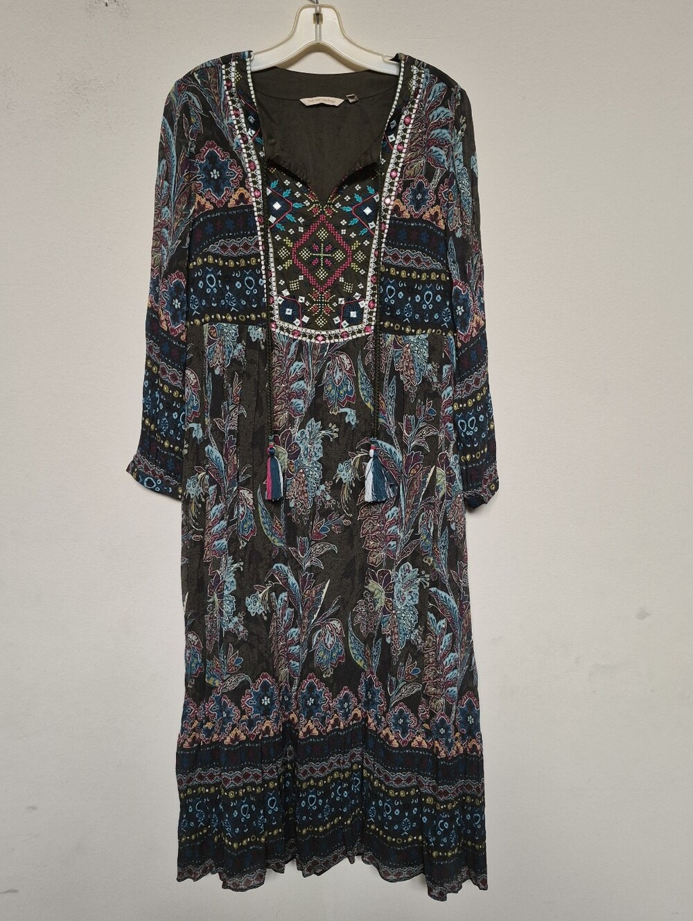 SOFT SURROUNDINGS Women's Boho Embroidered Tassel Maxi Dress Multi Color.